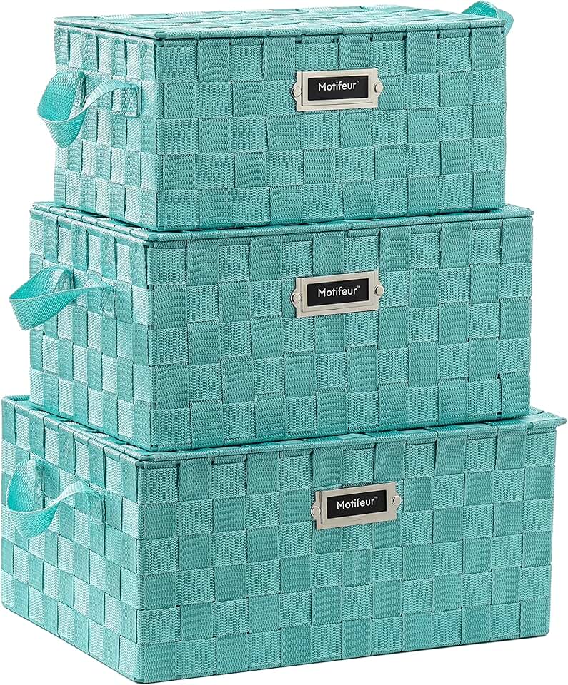 Set of 3 Green Woven Storage Baskets with Lids and Handles