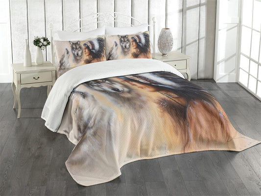 Colorful Bedspread, Blur Mystic Painting of Young Man with Wolves, Decorative Quilted 2 Piece Coverlet Set with Pillow Sham, Twin Size, Cream Tan