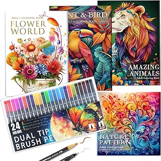 Adult coloring book with 128 patterns and 24 markers