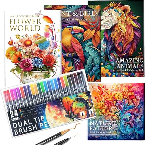Adult coloring book with 128 patterns and 24 markers