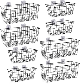 Eight metal wall-mounted storage baskets for household use