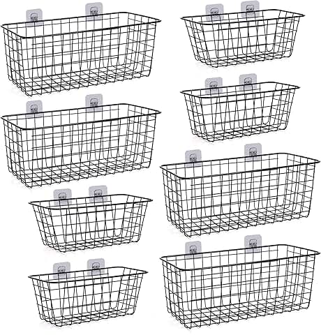 Eight metal wall-mounted storage baskets for household use