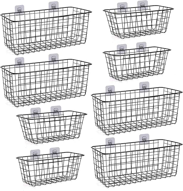 Eight metal wall-mounted storage baskets for household use