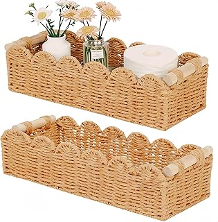 Set of two wicker toilet paper storage baskets with wood handles