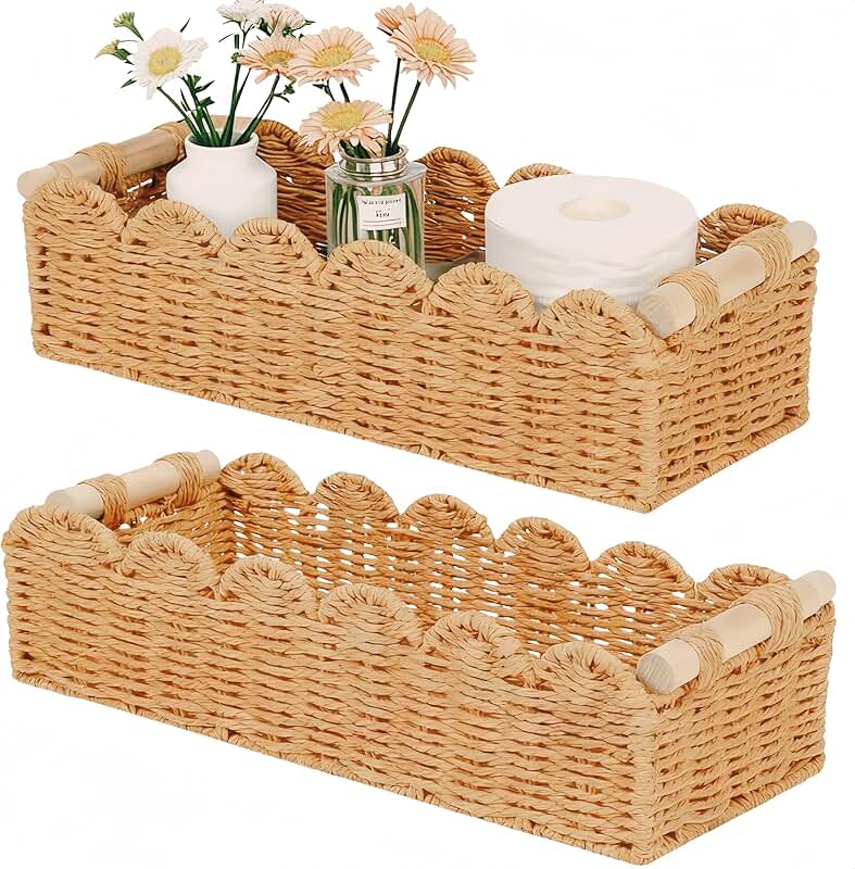 Set of two wicker toilet paper storage baskets with wood handles