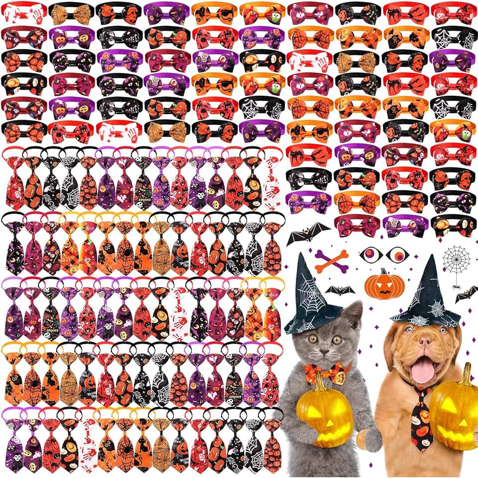 150 Pcs Halloween Dog and Cat Bow Ties and Collars