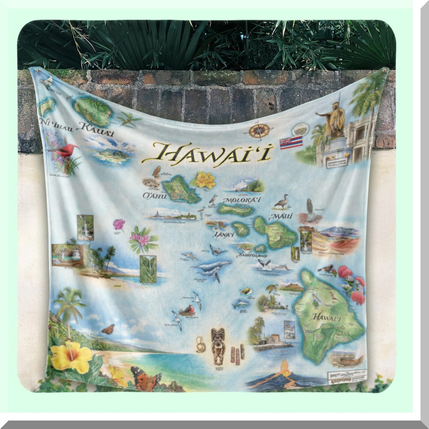 Aloha Island Dreams Fleece Blanket - Hand-Drawn Hawai'i State Map Art, Soft and Cozy Throw for Couch, Perfect Unique Gift, 58"x 50"
