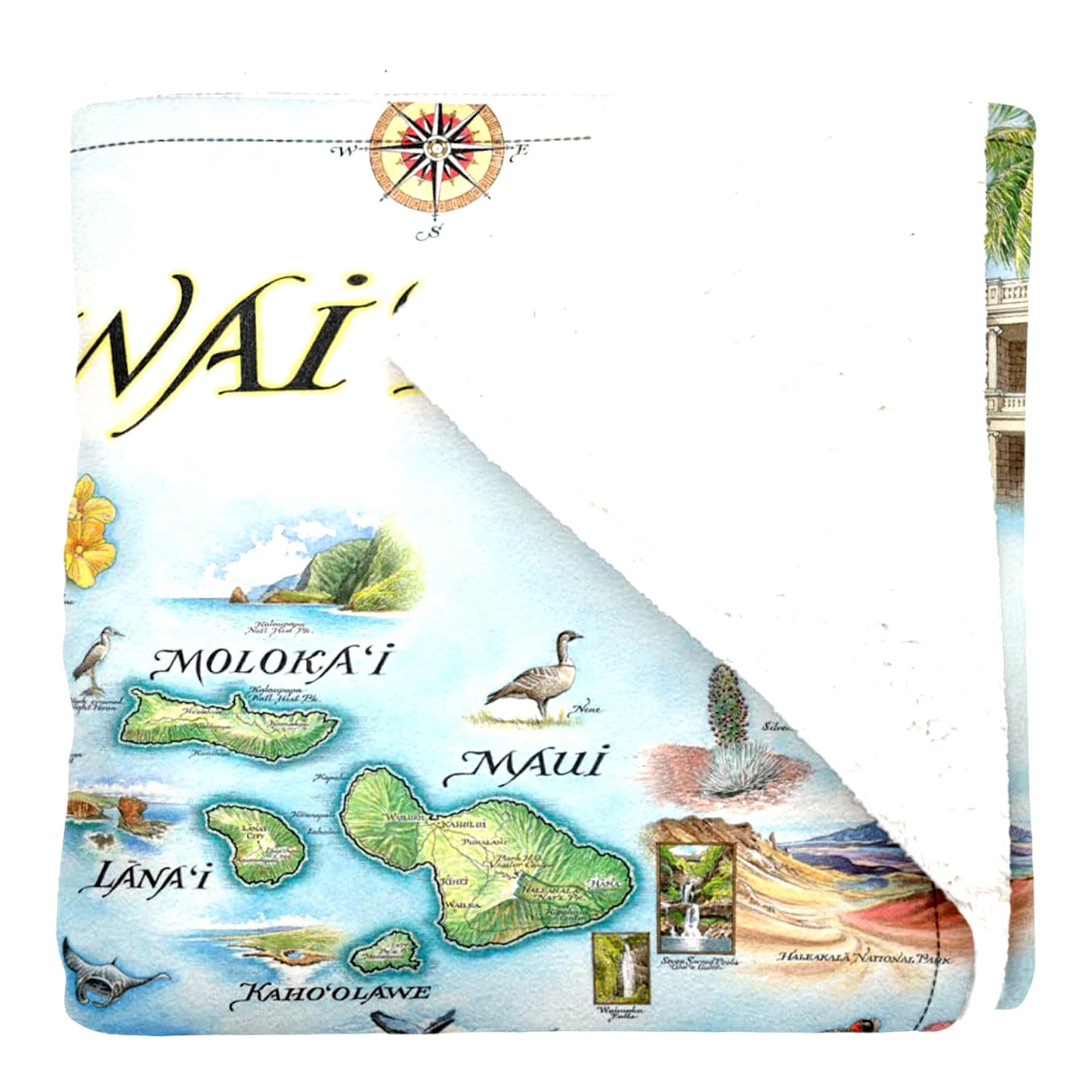 Aloha Island Dreams Fleece Blanket - Hand-Drawn Hawai'i State Map Art, Soft and Cozy Throw for Couch, Perfect Unique Gift, 58"x 50"