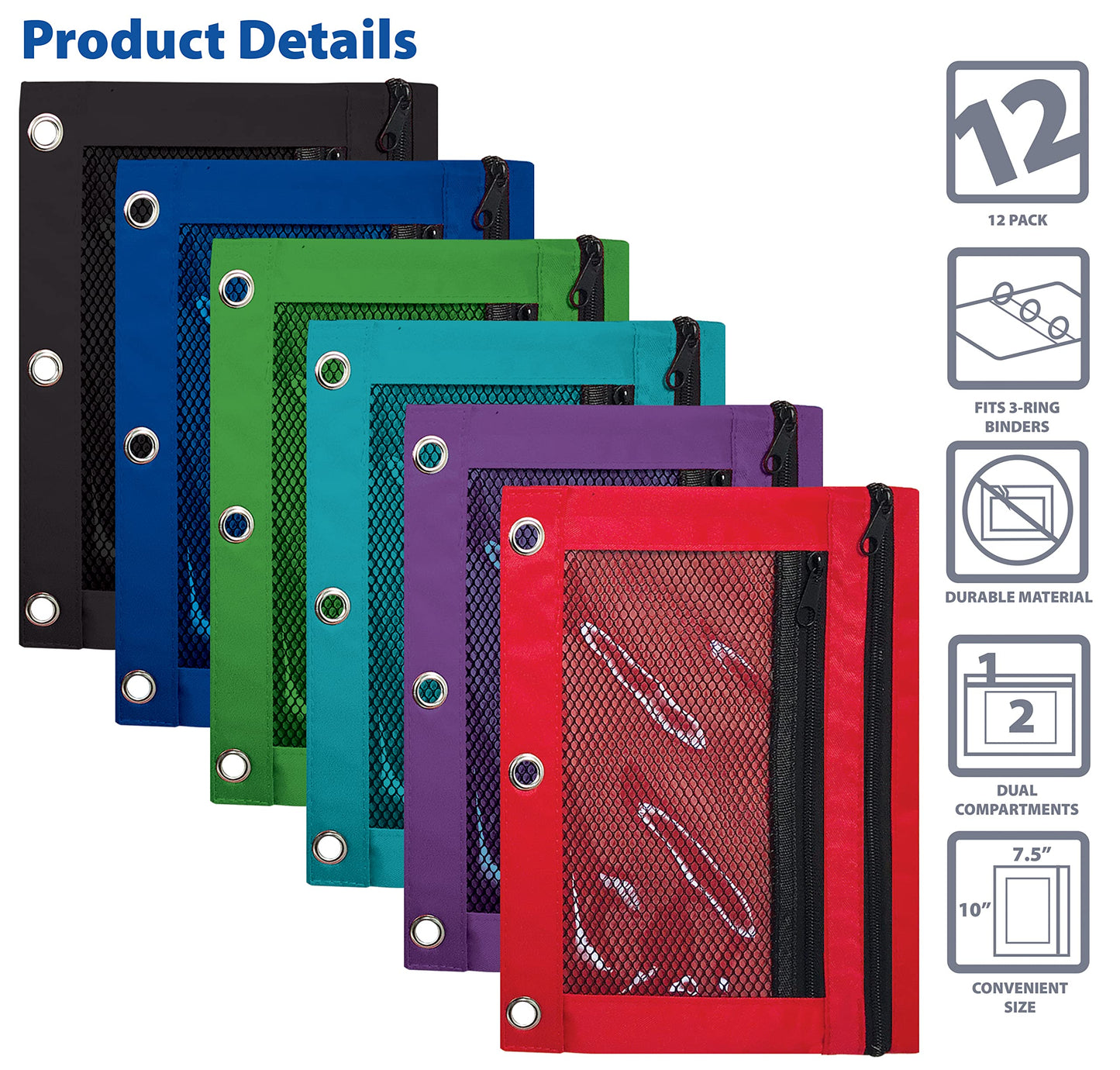 Set of 12 3-Ring Pencil Pouches with Mesh Windows