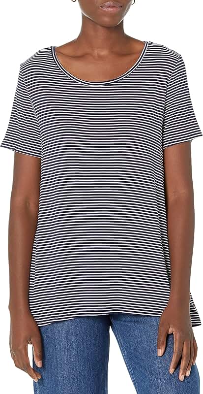 Women's Navy and White Stripe Short-Sleeve Scoopneck T-shirt