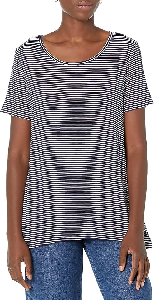 Women's Navy and White Stripe Short-Sleeve Scoopneck T-shirt