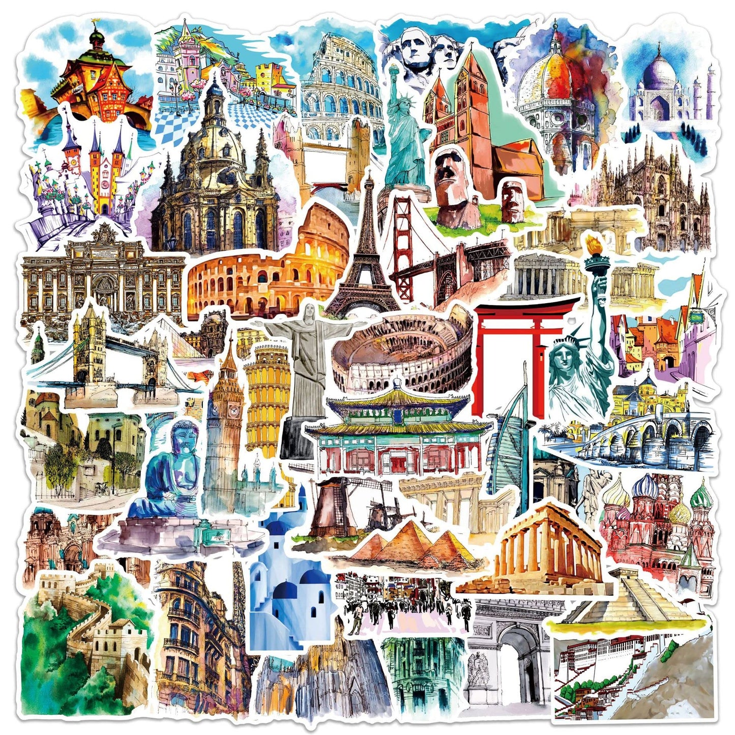 50 Waterproof PVC Landmark Building Stickers for Kids and Teens