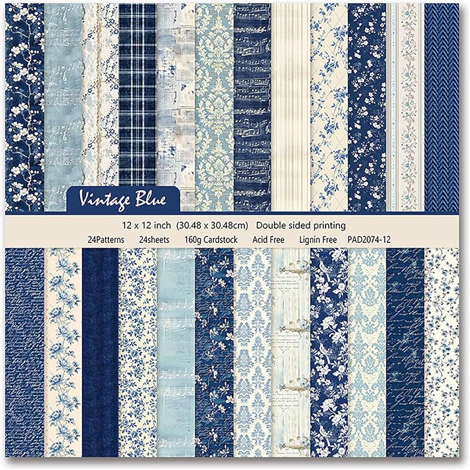 Blue Rose Flower Pattern Scrapbook Paper, 12x12 inches, 24 sheets