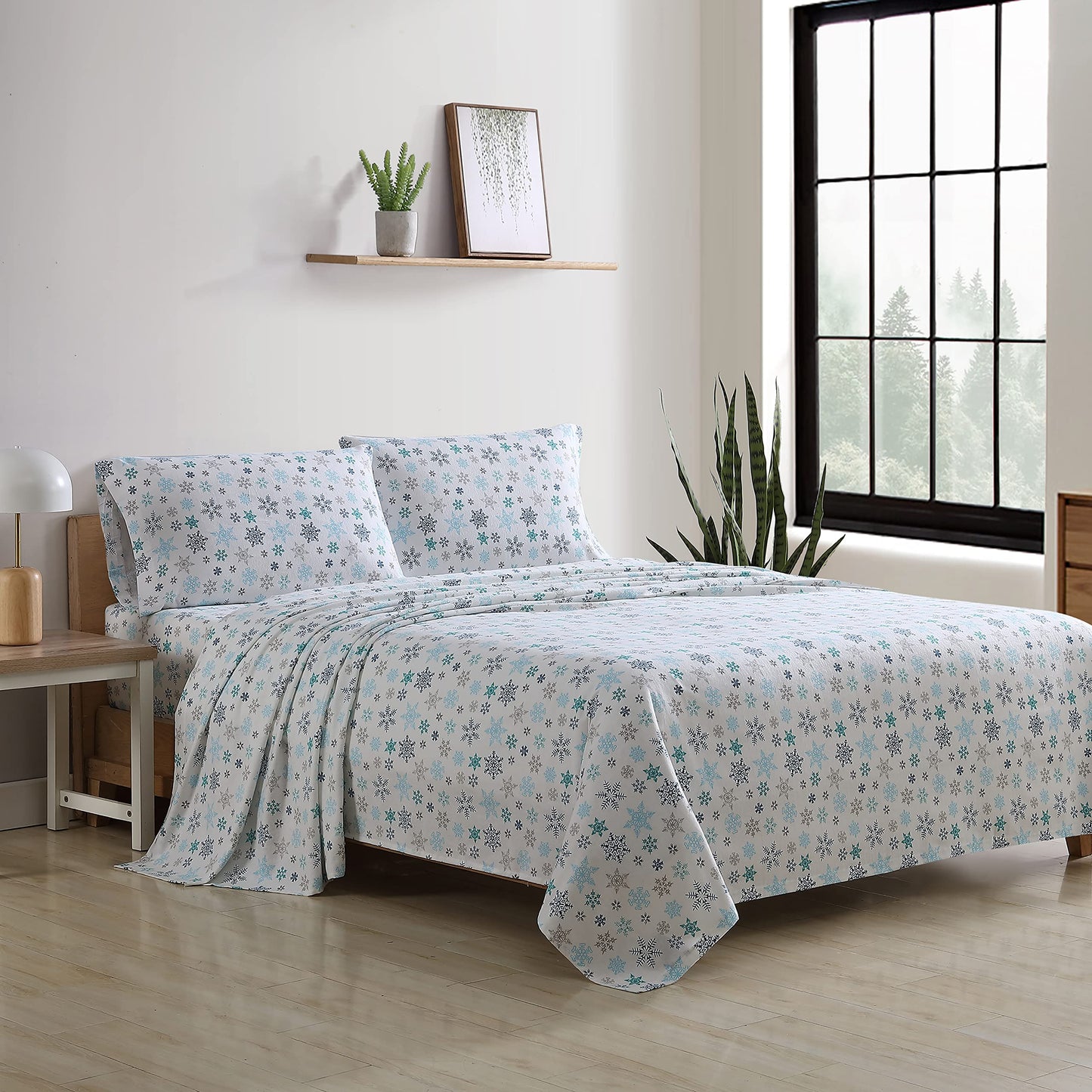 Queen Sheets, Cotton Flannel Bedding Set, Brushed For Extra Softness, Cozy Home Decor Tossed Snowflake, Queen)