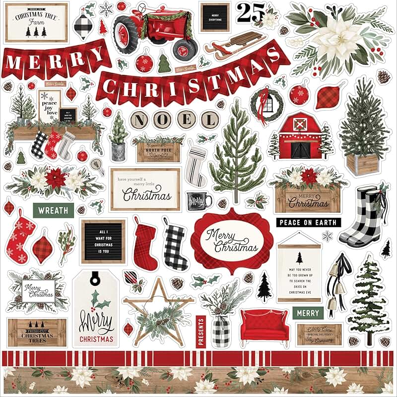 Farmhouse Christmas Element Sticker in Red, Green, Black, Woodgrain, Cream