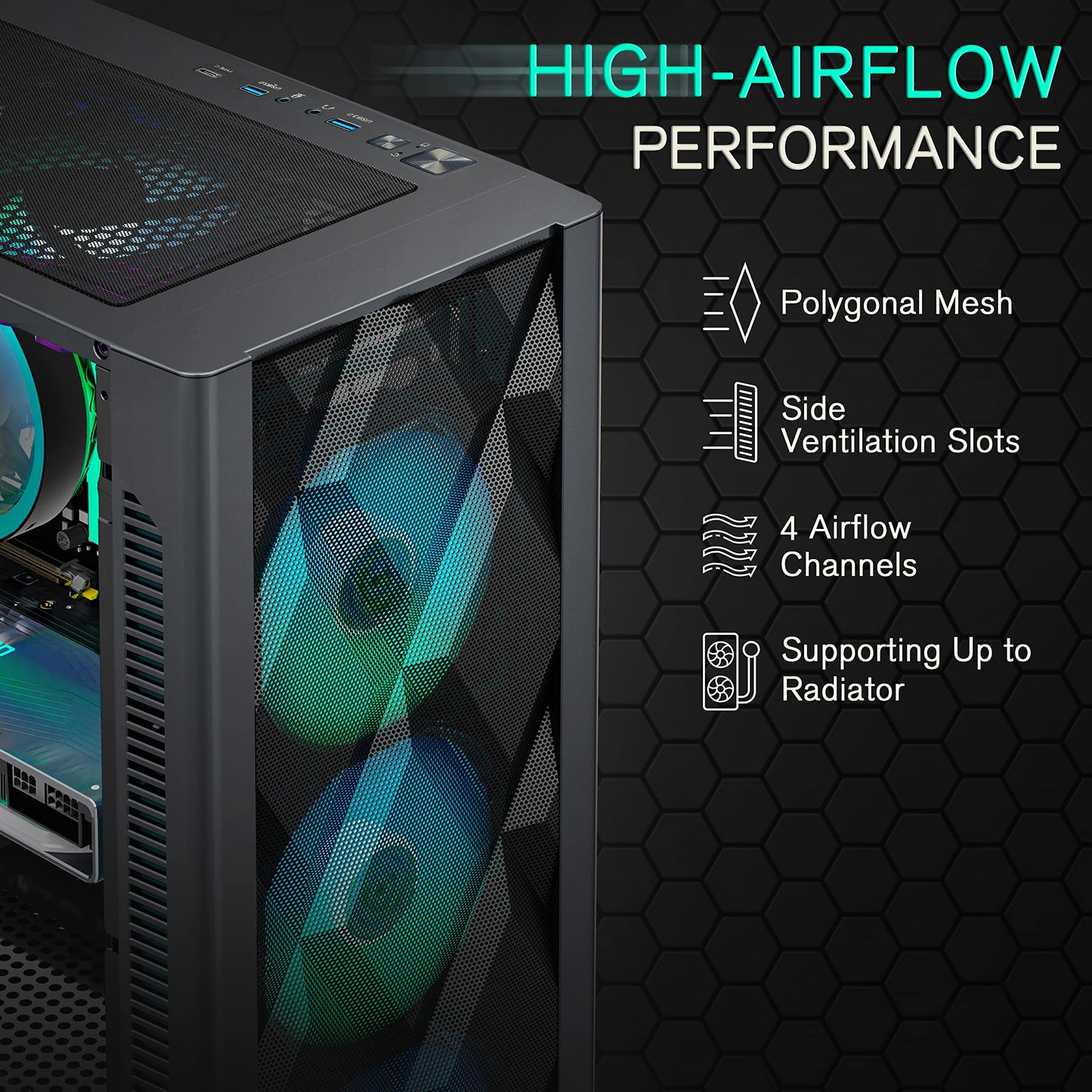 ATX PC Case Mid-Tower with 6pcs 120mm ARGB Fans, Polygonal Mesh Computer Gaming Case with Type C, Opening Tempered Glass Side Panel, USB 3.0 x 2, Black, NN8.