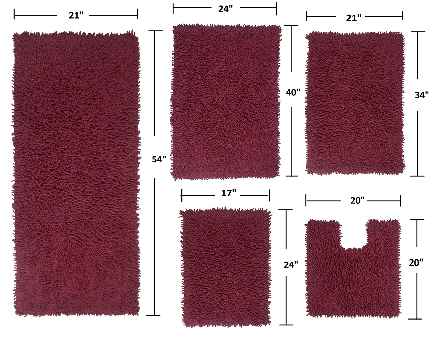 Fantasia Bath Absorbent Cotton, Soft Rug, Machine wash Dry, 17"x24"/21"x34"/24"x40"/21"x54"/20"x20", Red