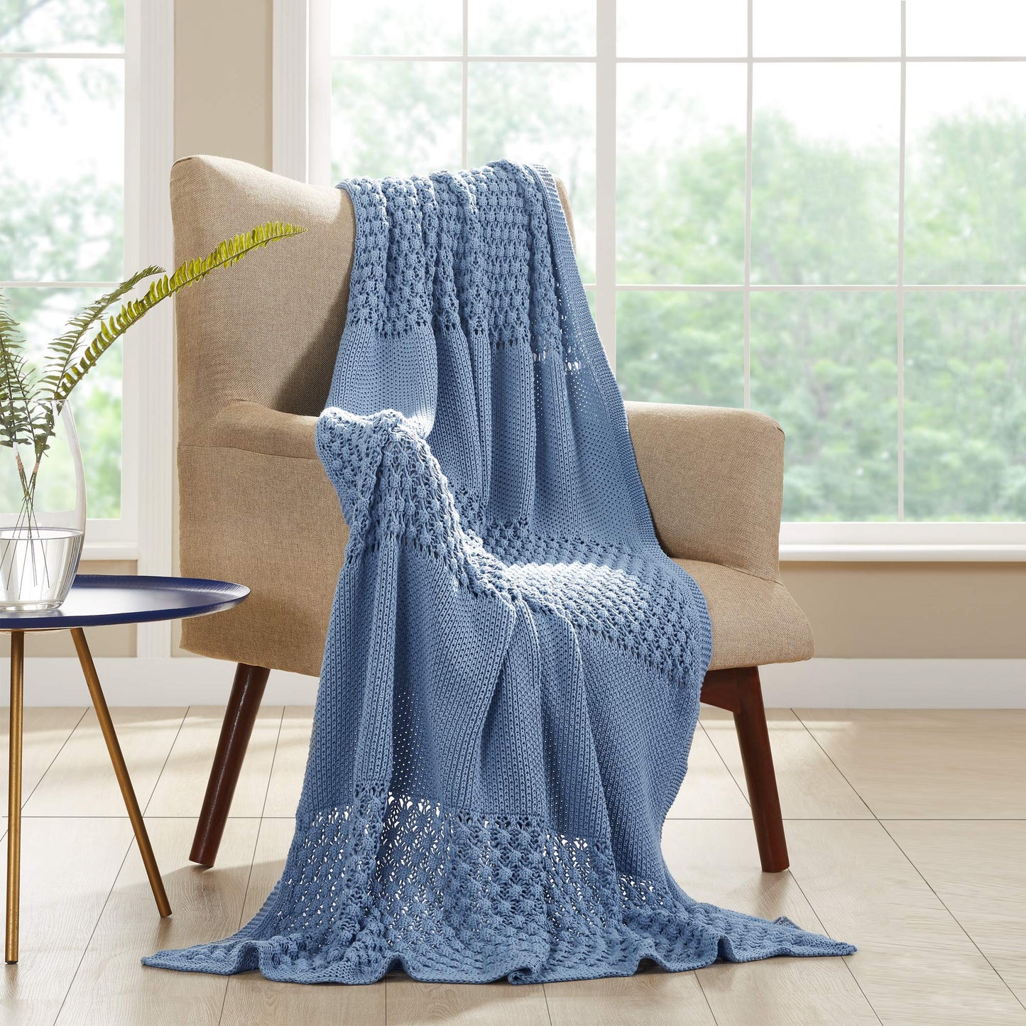 100% Cotton Cable Knit Throws Popcorn Stitch with Border Blue