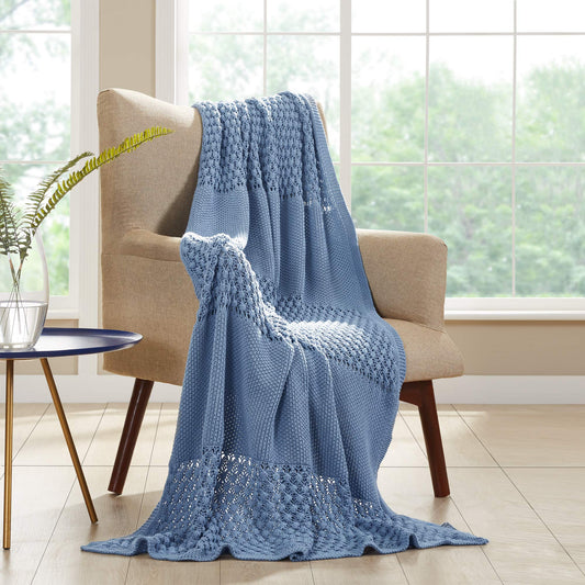 100% Cotton Cable Knit Throws Popcorn Stitch with Border Blue