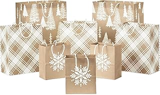 Assorted Kraft Christmas Gift Bags with Snowflakes and Trees
