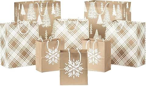 Assorted Kraft Christmas Gift Bags with Snowflakes and Trees