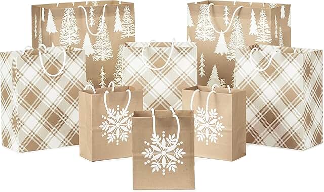 Assorted Kraft Christmas Gift Bags with Snowflakes and Trees