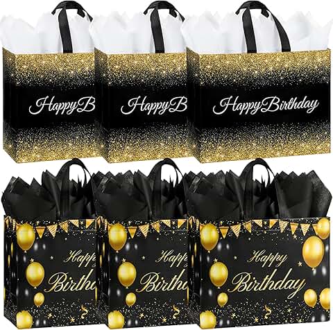 Six large black birthday gift bags with handles