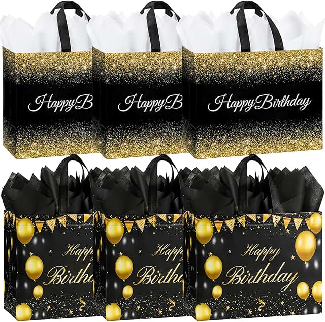 Six large black birthday gift bags with handles