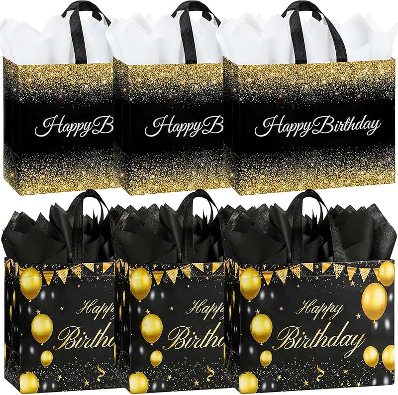 Six large black birthday gift bags with handles
