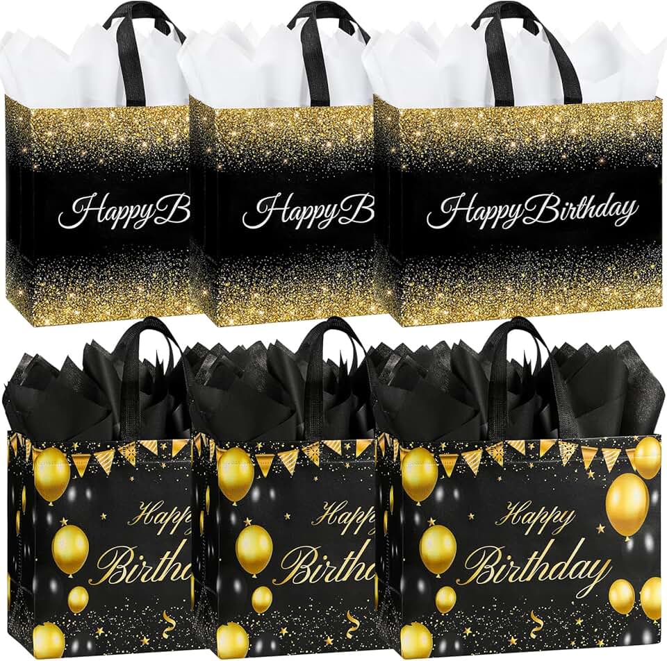 Six large black birthday gift bags with handles