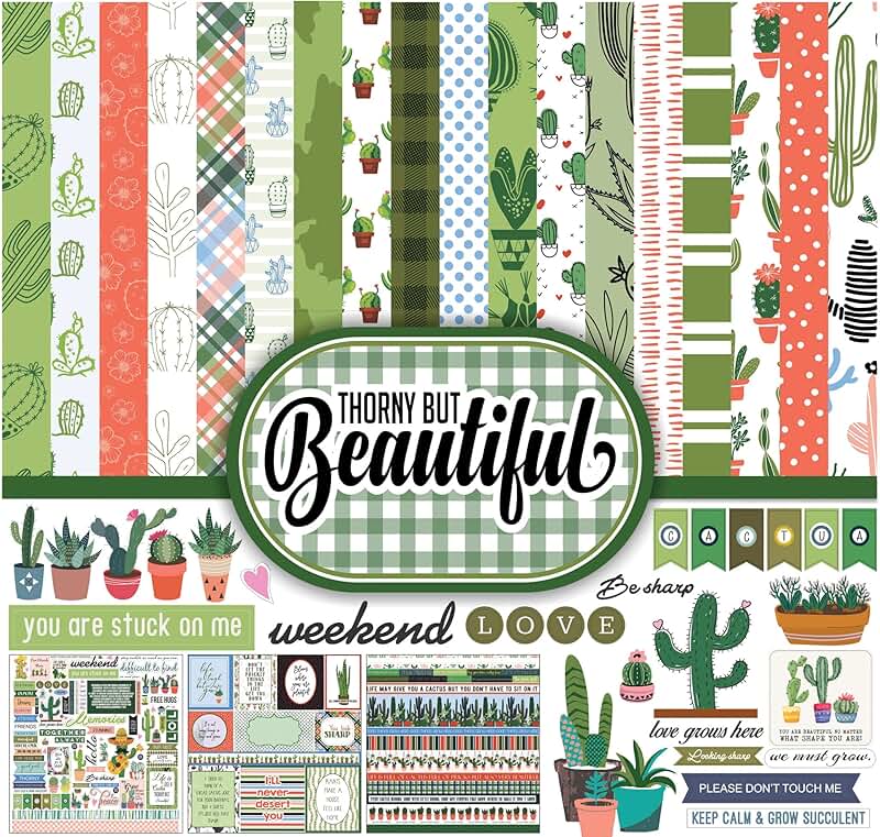 Double-sided cactus-themed scrapbook paper pack, 16 pages