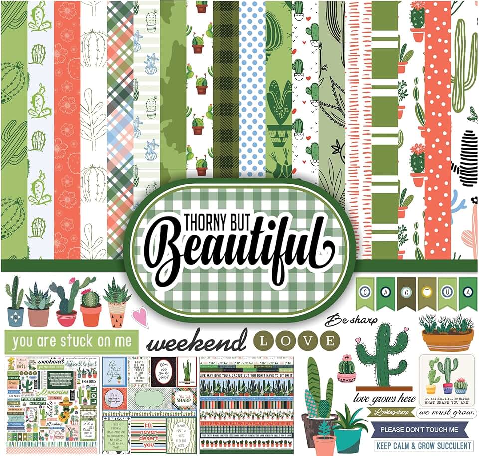 Double-sided cactus-themed scrapbook paper pack, 16 pages