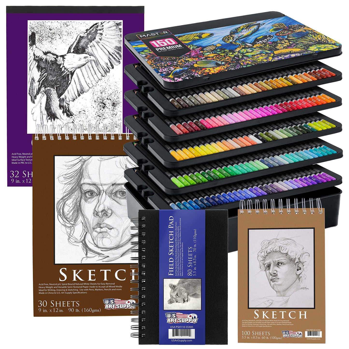 150 Colored Pencils Mega Set with 4 Sketch Pads