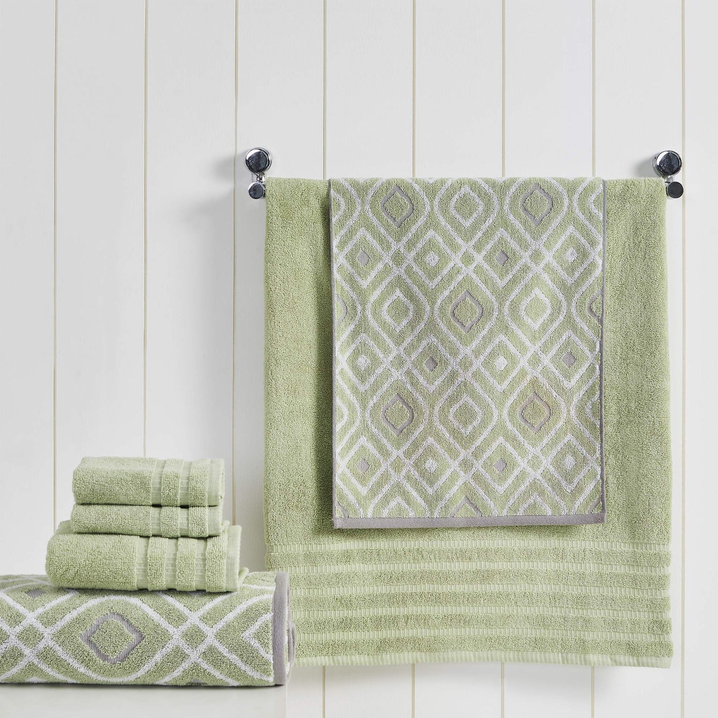 6-Piece Yarn Dyed Oxford Stripe Jacquard/Solid Ultra Soft 500GSM 100% Combed Cotton Towel Set Sage Green]