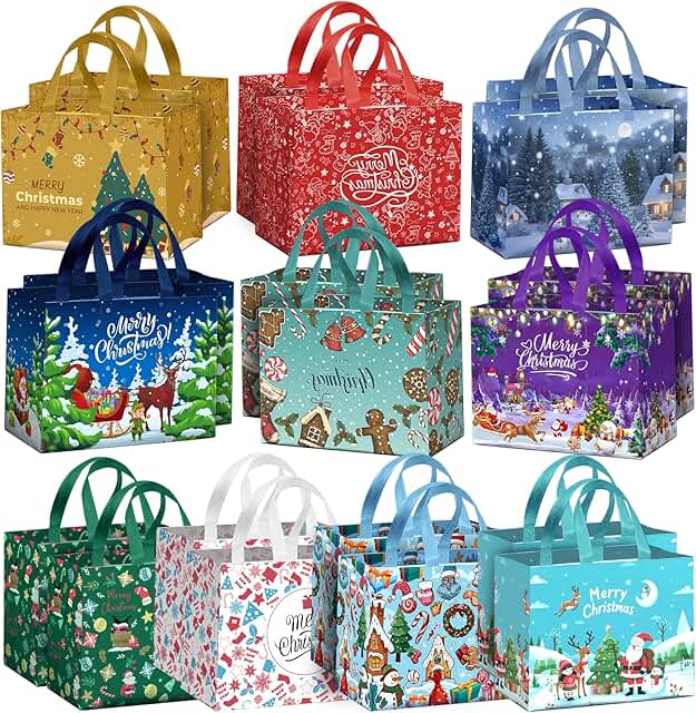 20 Christmas Gift Bags with Handles, Multi-Design