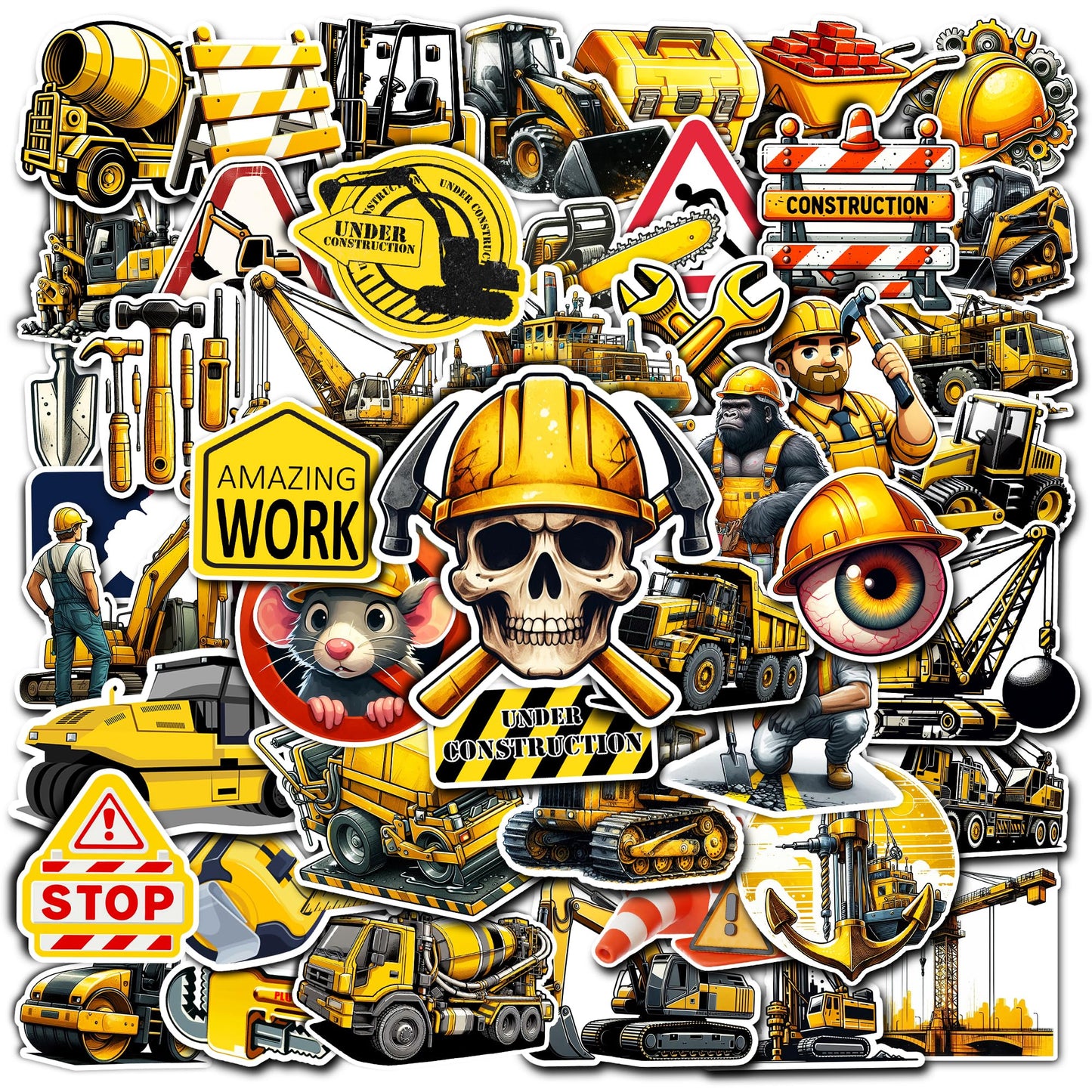 50 Waterproof Vinyl Construction Stickers for Kids and Teens