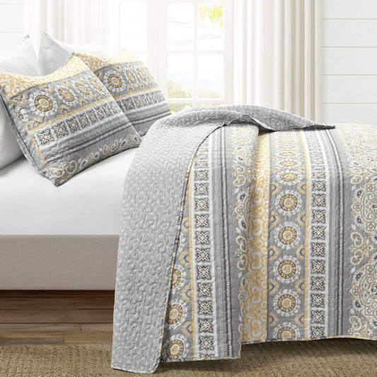 Nesco Stripe Reversible Cotton 3 Piece Quilt Set, King, Yellow  Gray