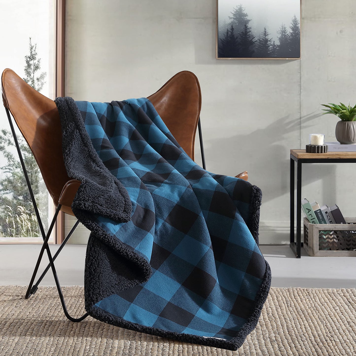 Throw Blanket with Pillow Cover Reversible Bedding Set, Buffalo Plaid Home Decor for All Seasons, 50" x 60", Blue/Black
