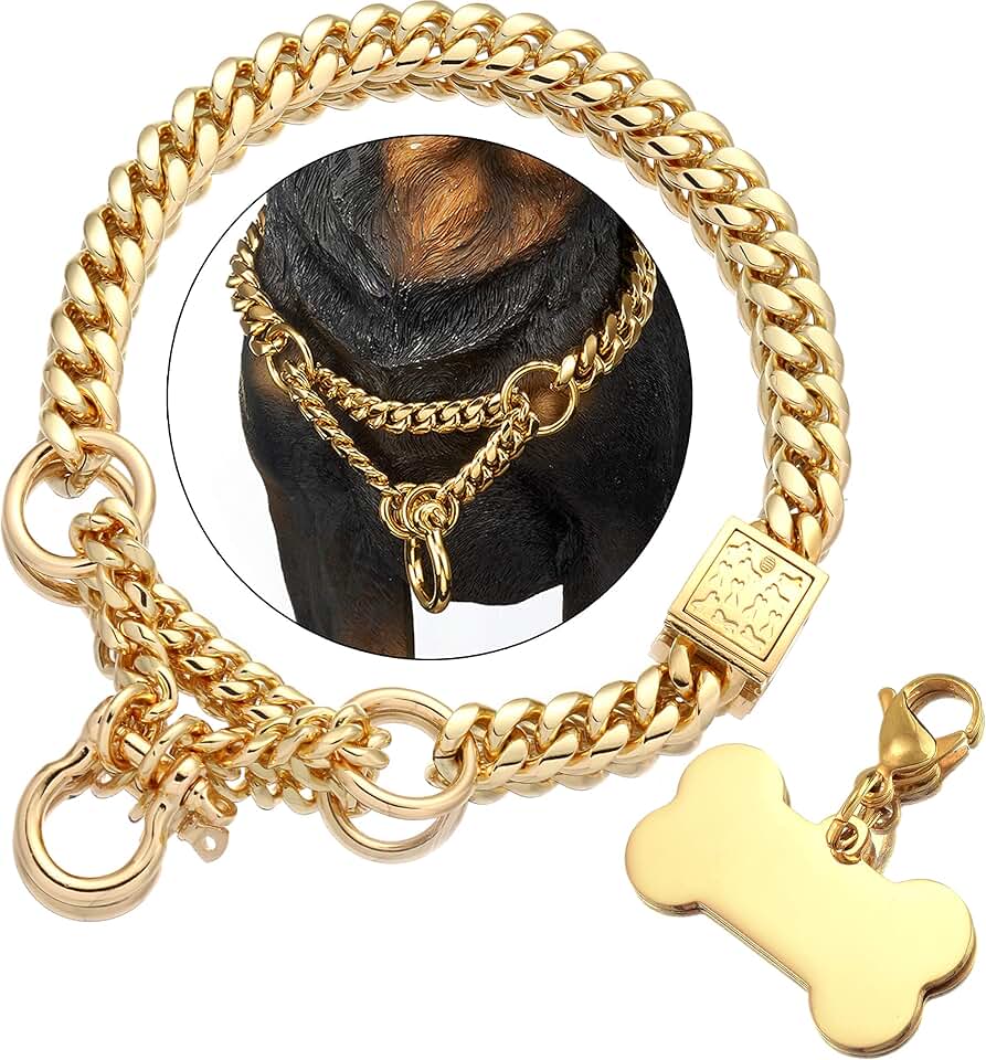 Gold Dog Collar with Chain and Tag, 15MM, 26"