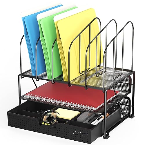 Mesh desk organizer with double tray and sliding drawer
