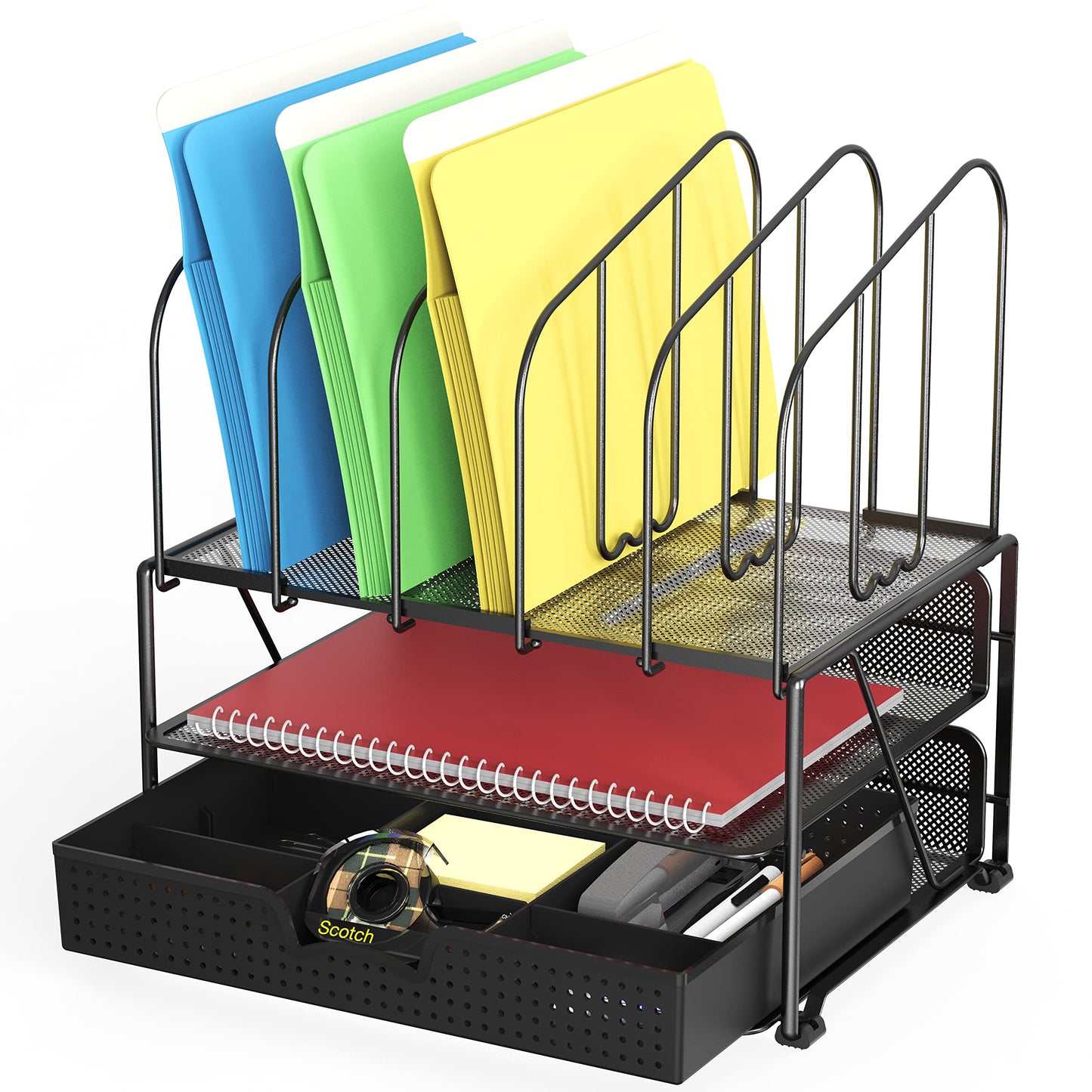 Mesh desk organizer with double tray and sliding drawer