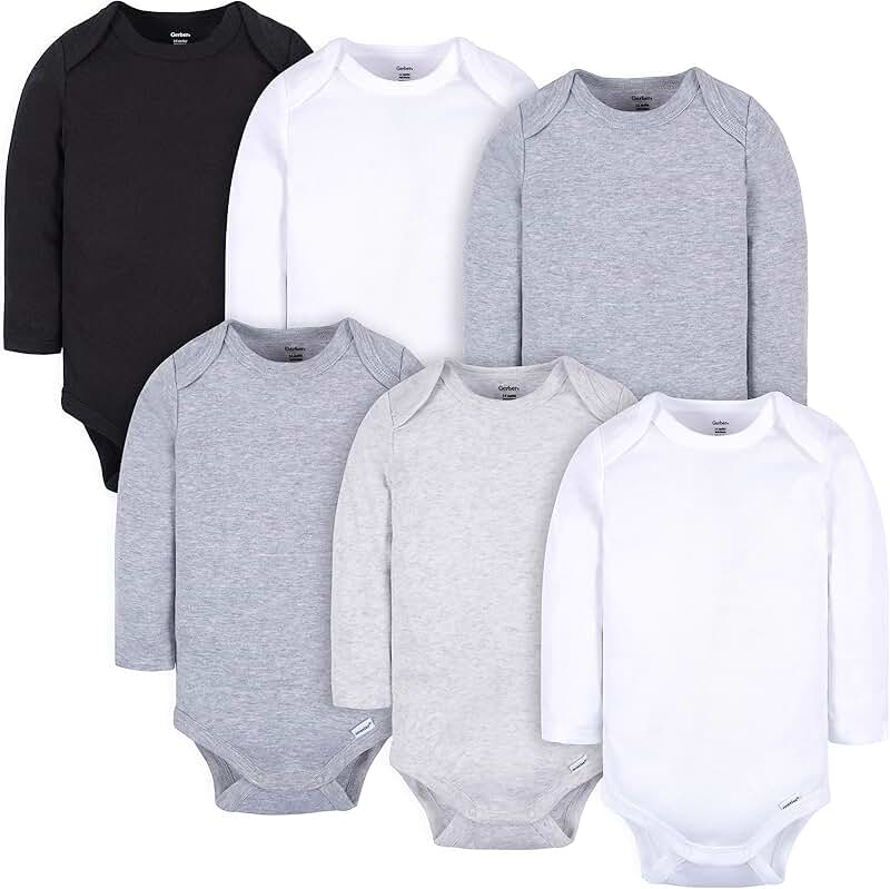 Six unisex long-sleeve baby bodysuits