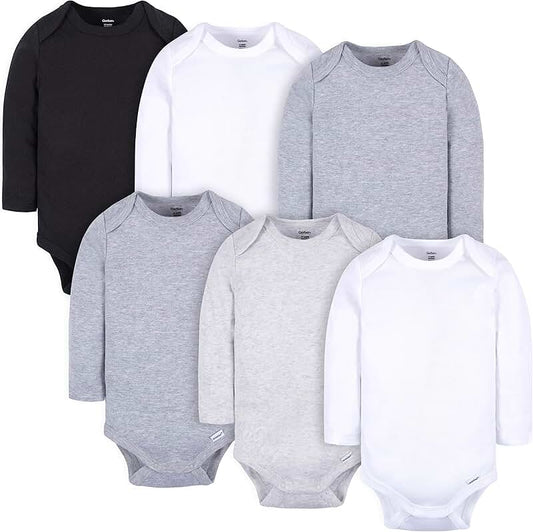 Six unisex long-sleeve baby bodysuits