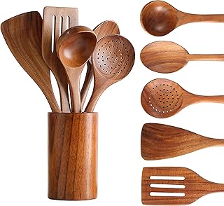 Set of 6 Natural Wooden Cooking Spoons with Holder