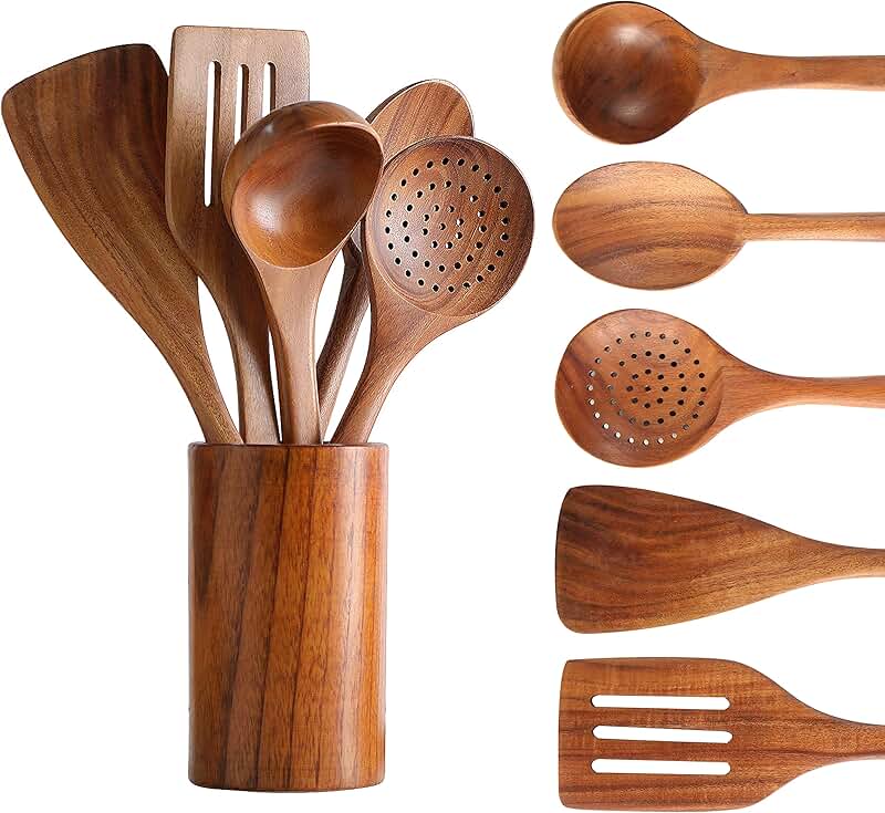 Set of 6 Natural Wooden Cooking Spoons with Holder