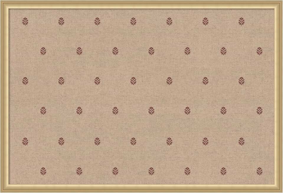 Red botanical fabric pinboard with gold frame