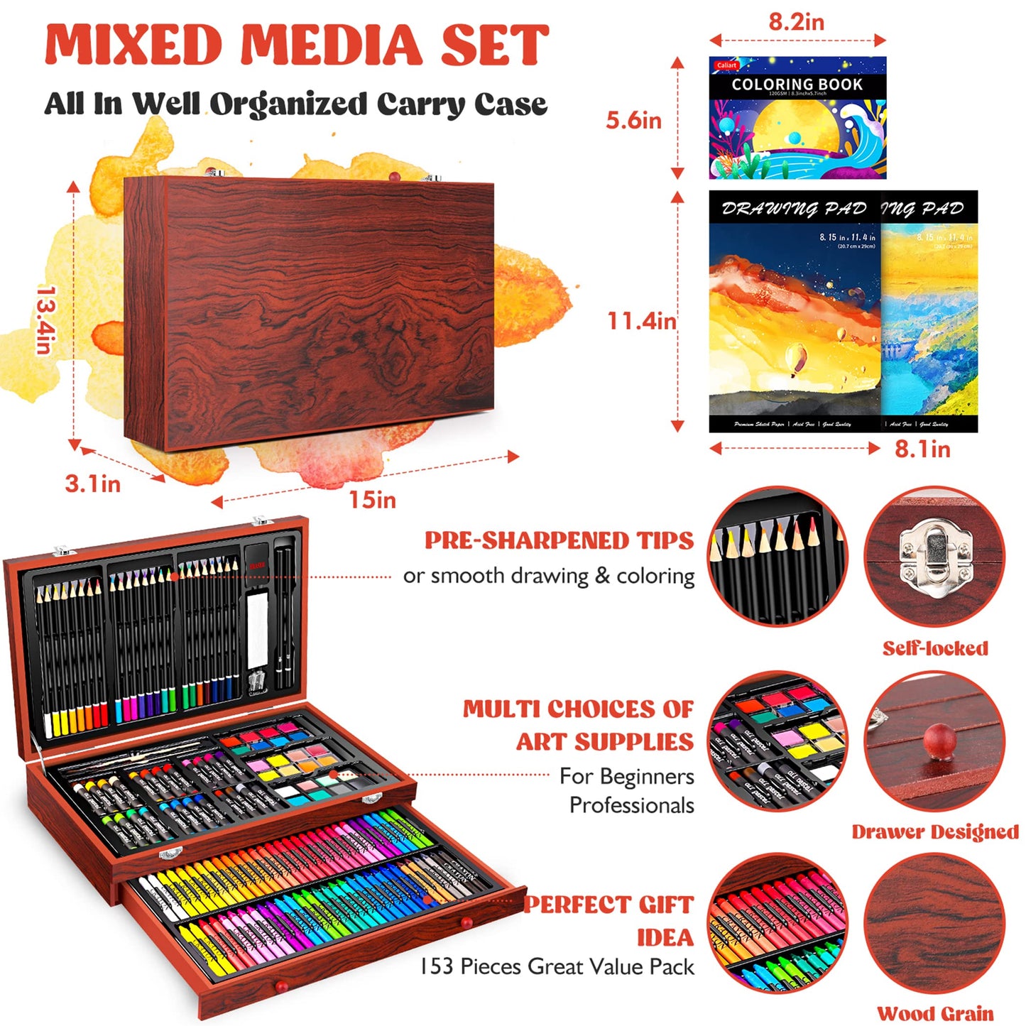 153-Piece Wooden Art Set with Sketch Pads and Supplies