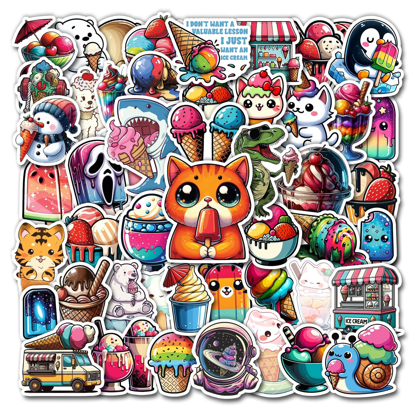 50 Waterproof Ice Cream Stickers for Kids and Teens