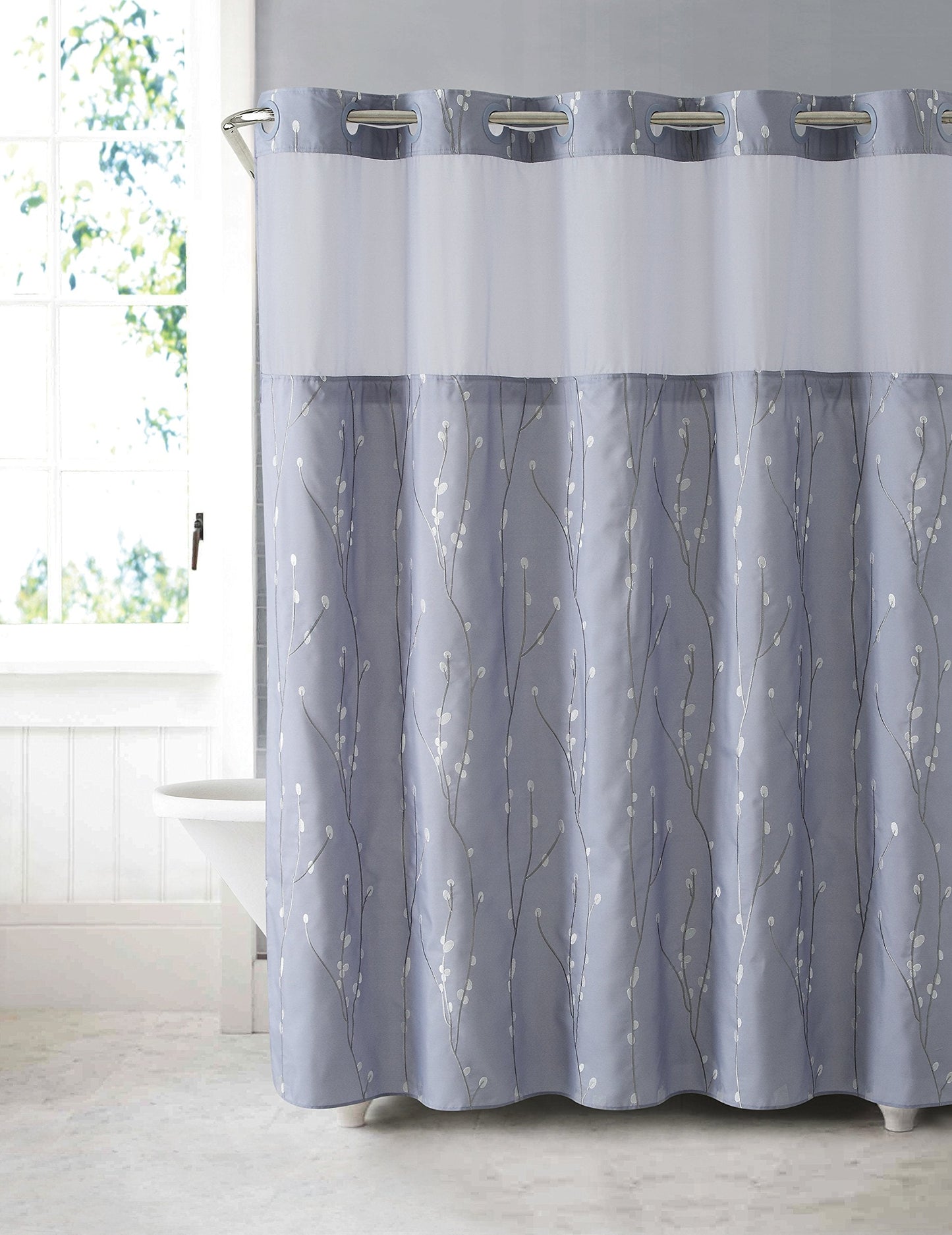 Fabric 3-in-1 Shower Curtain Set with PEVA Snap-in Liner and Window, 71 X 74in, Purple Grey