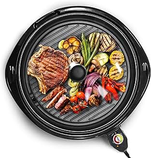 Large Indoor Electric Round Nonstick Grill with Glass Lid